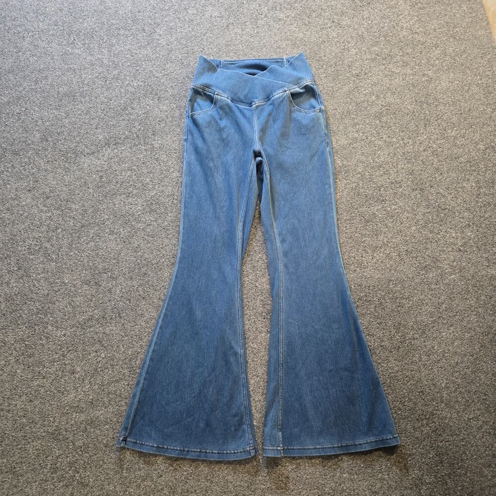 Halara Jeans Womens Size XS Blue Flare Stretchy Crossover Waist Casual Capsule